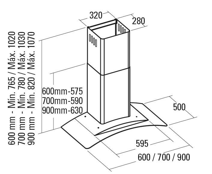 ECO LED-Beleuchtung max 1.200 m³//h Glas-Wandhaube 70 cm cata Gamma 700